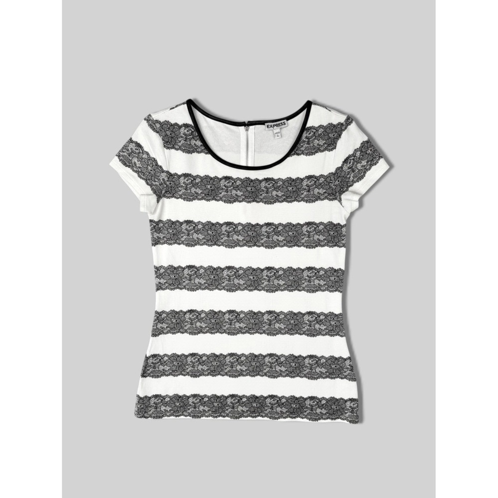 EXPRESS Lace Print Fitted Tee Off White Black S Back Zip Romantic